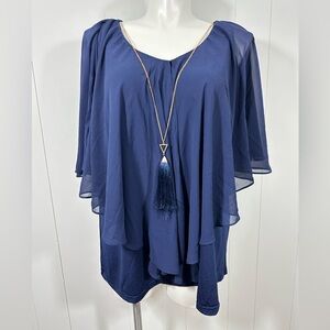 NWT Avenue Studio Navy Blue Floral Sheer Top Tunic Sz 22 / 24 Overly Necklace